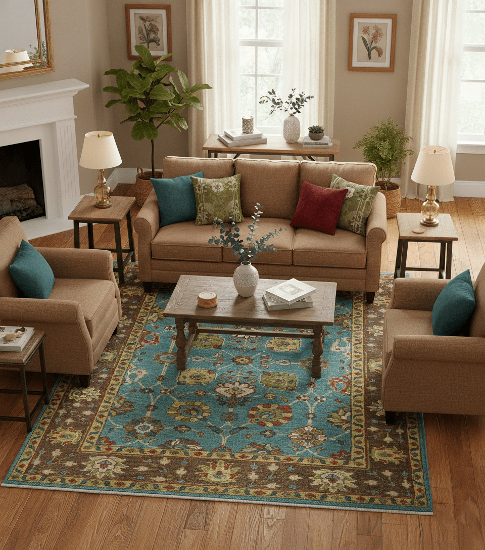 Custom Made Blue And Brown Traditional Floral Hand Knotted Wool Rug - The Rug Decor