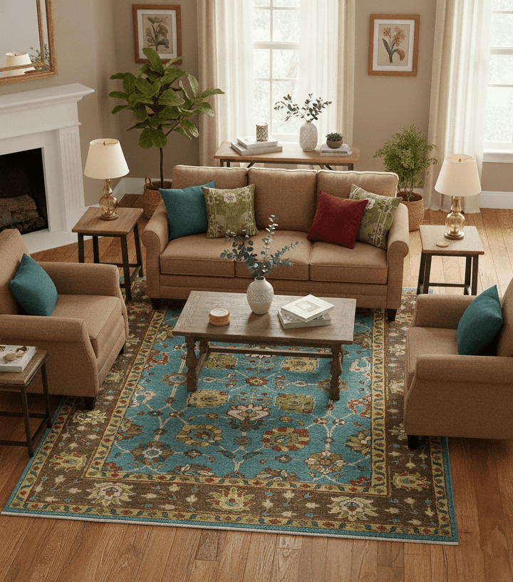 Custom Made Blue And Brown Traditional Floral Hand Knotted Wool Rug - The Rug Decor