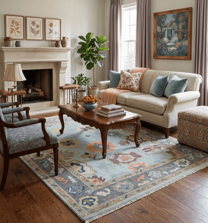 Custom Made Blue and Gray Hand Knotted Traditional Oushak Wool Area Rug - The Rug Decor