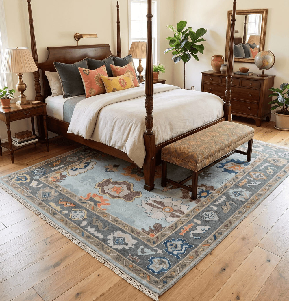 Custom Made Blue and Gray Hand Knotted Traditional Oushak Wool Area Rug - The Rug Decor
