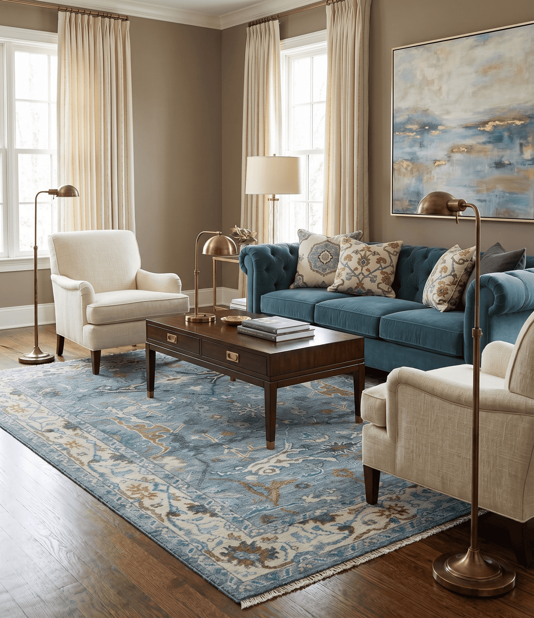 Custom Made Blue and Ivory Antique Style Hand knotted Oriental Oushak wool Area Rug - The Rug Decor