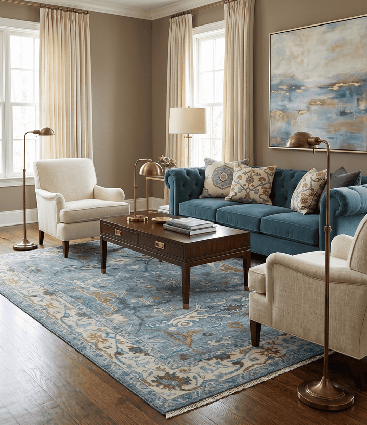 Custom Made Blue and Ivory Antique Style Hand knotted Oriental Oushak wool Area Rug - The Rug Decor