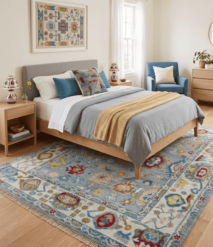 Custom Made Blue and Ivory colorful Hand knotted Oushak wool Area Rug - The Rug Decor