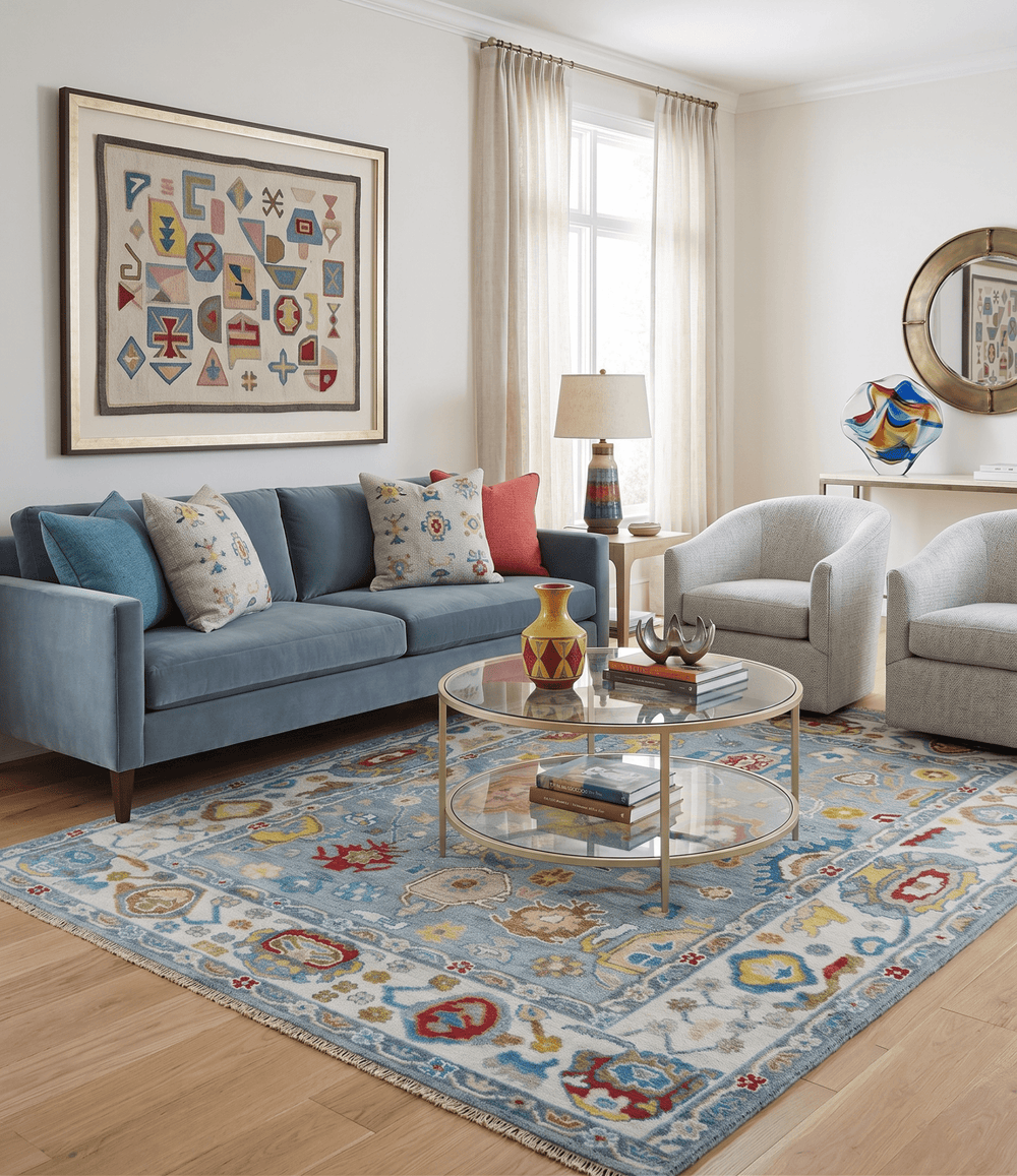 Custom Made Blue and Ivory colorful Hand knotted Oushak wool Area Rug - The Rug Decor