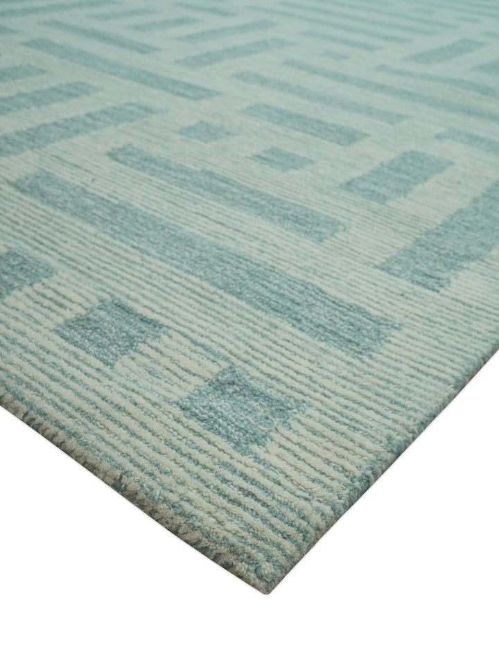 Custom Made Blue And Ivory Modern Abstract Pattern Hand Tufted Wool Area Rug - The Rug Decor