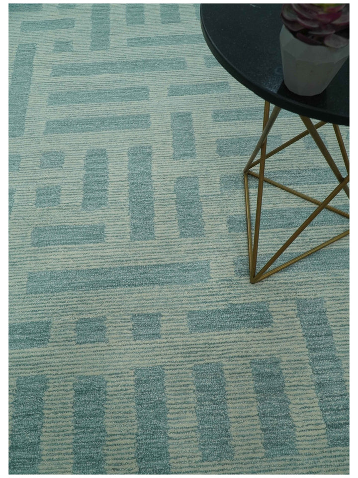 Custom Made Blue And Ivory Modern Abstract Pattern Hand Tufted Wool Area Rug - The Rug Decor