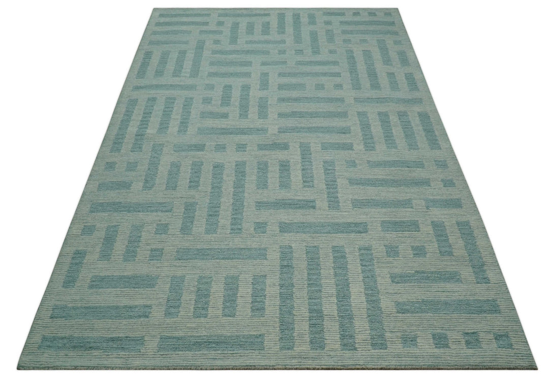 Custom Made Blue And Ivory Modern Abstract Pattern Hand Tufted Wool Area Rug - The Rug Decor