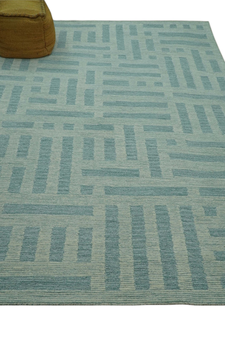 Custom Made Blue And Ivory Modern Abstract Pattern Hand Tufted Wool Area Rug - The Rug Decor