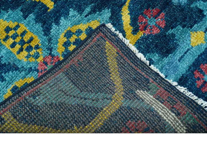 Custom Made Blue And Mustard Traditional Floral Motifs Hand Knotted Wool Rug - The Rug Decor