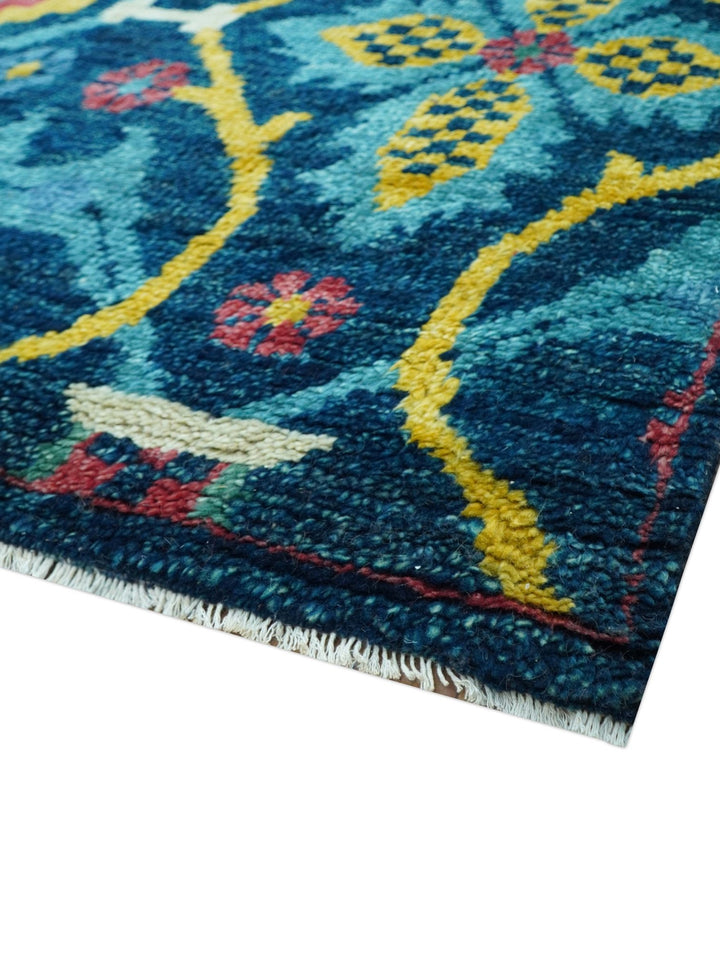 Custom Made Blue And Mustard Traditional Floral Motifs Hand Knotted Wool Rug - The Rug Decor