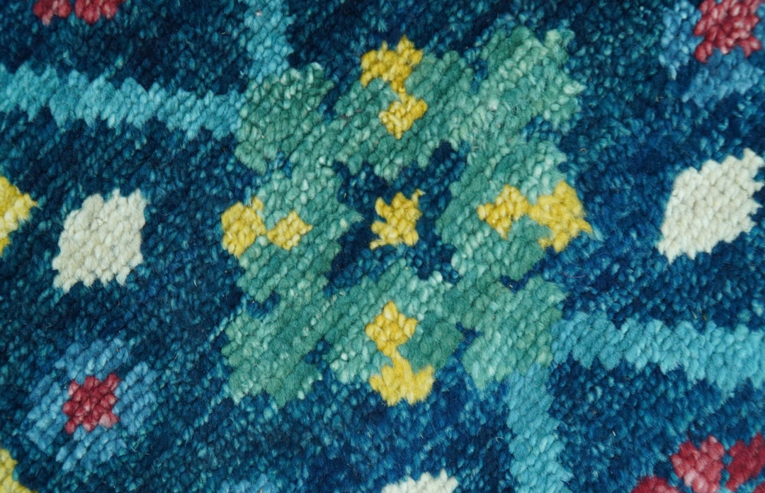 Custom Made Blue And Mustard Traditional Floral Motifs Hand Knotted Wool Rug - The Rug Decor