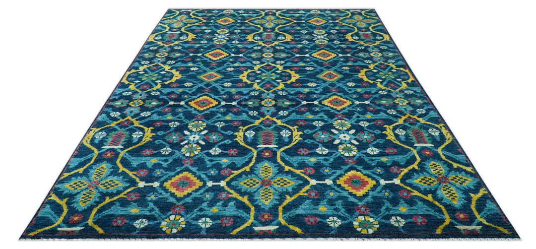Custom Made Blue And Mustard Traditional Floral Motifs Hand Knotted Wool Rug - The Rug Decor