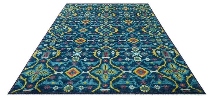 Custom Made Blue And Mustard Traditional Floral Motifs Hand Knotted Wool Rug - The Rug Decor