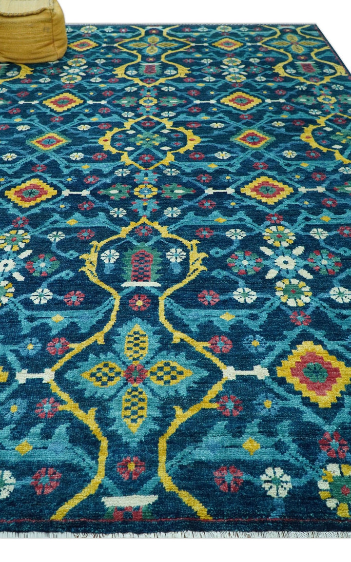 Custom Made Blue And Mustard Traditional Floral Motifs Hand Knotted Wool Rug - The Rug Decor