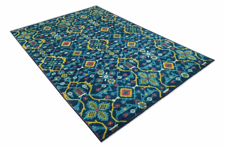 Custom Made Blue And Mustard Traditional Floral Motifs Hand Knotted Wool Rug - The Rug Decor