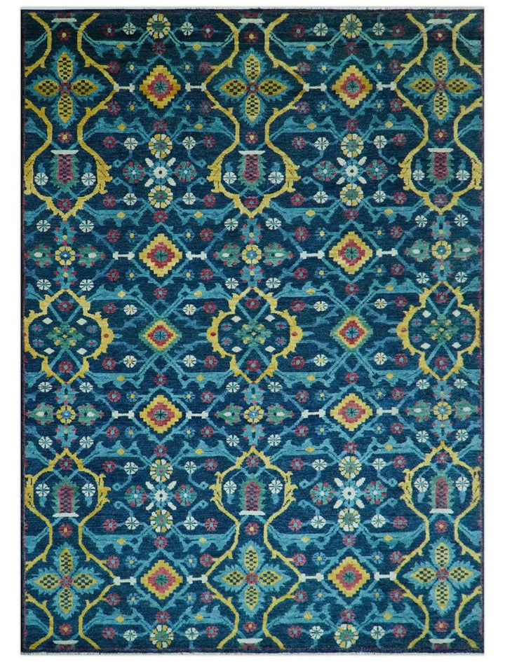 Custom Made Blue And Mustard Traditional Floral Motifs Hand Knotted Wool Rug - The Rug Decor