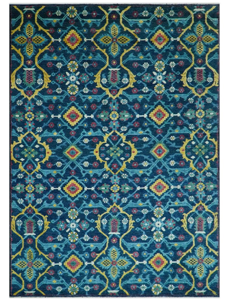 Custom Made Blue And Mustard Traditional Floral Motifs Hand Knotted Wool Rug - The Rug Decor