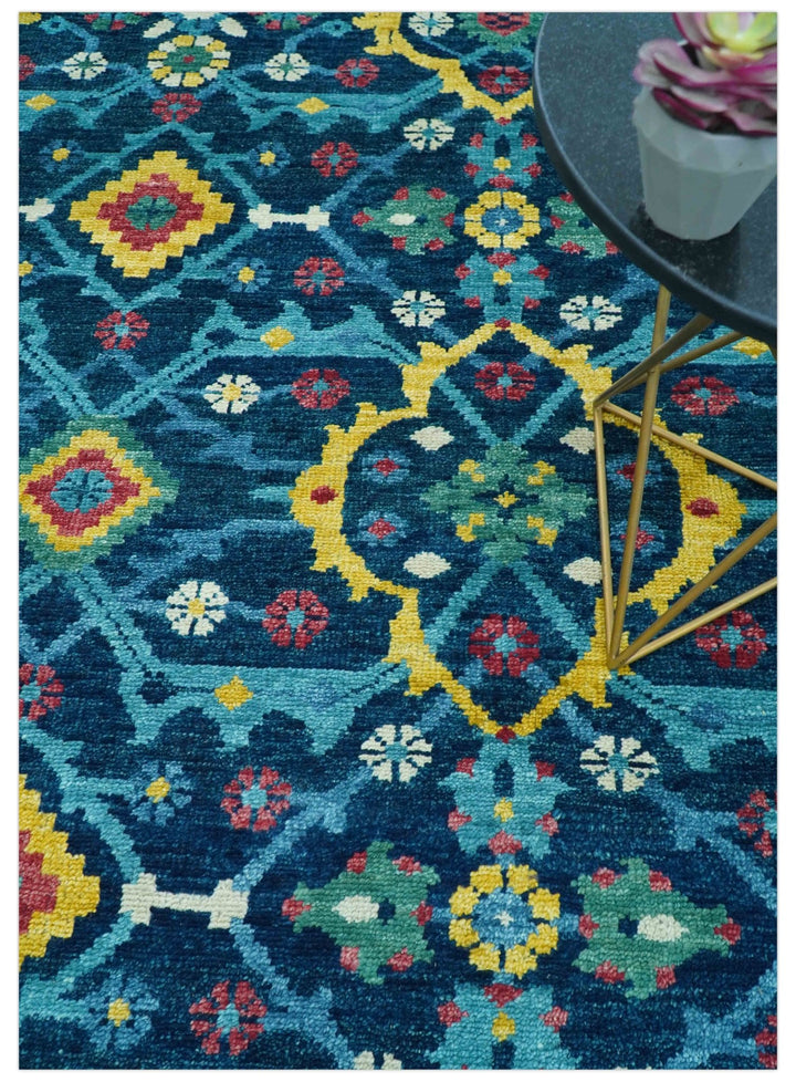 Custom Made Blue And Mustard Traditional Floral Motifs Hand Knotted Wool Rug - The Rug Decor