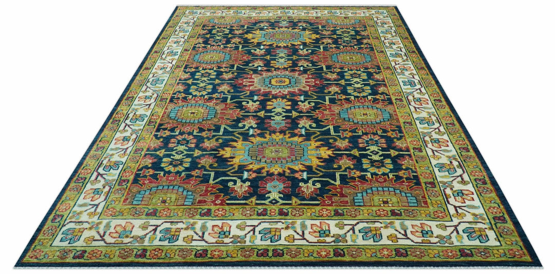 Custom Made Blue And Olive Traditional Medallion Hand Knotted Wool Rug - The Rug Decor