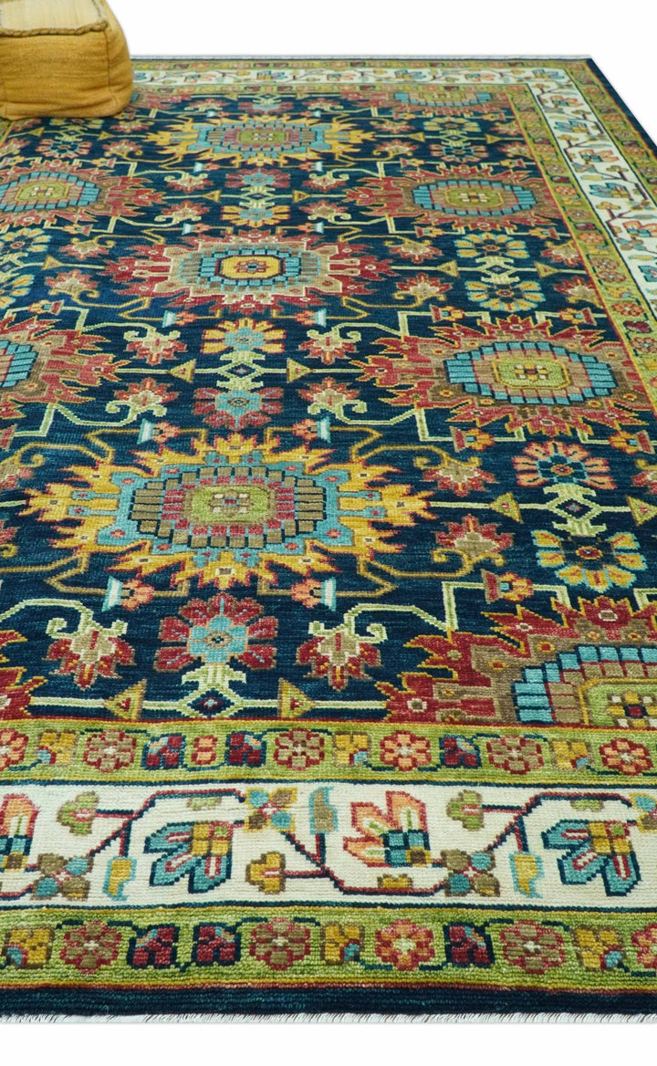 Custom Made Blue And Olive Traditional Medallion Hand Knotted Wool Rug - The Rug Decor
