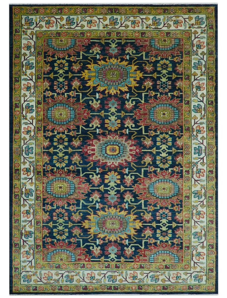Custom Made Blue And Olive Traditional Medallion Hand Knotted Wool Rug - The Rug Decor