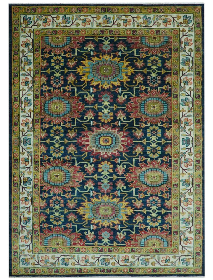 Custom Made Blue And Olive Traditional Medallion Hand Knotted Wool Rug - The Rug Decor