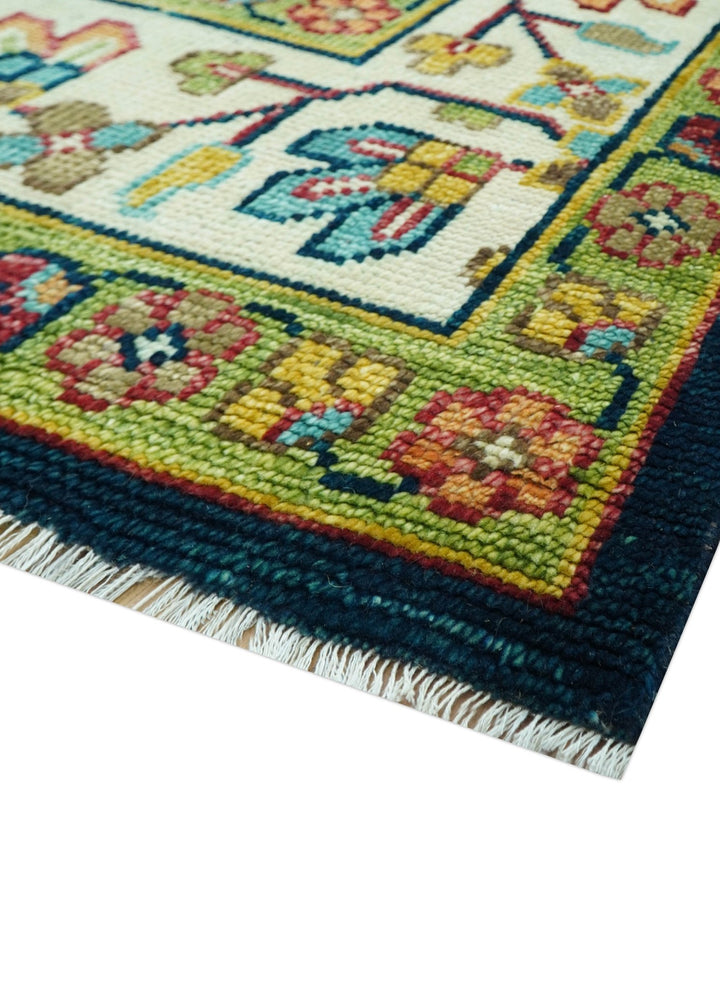 Custom Made Blue And Olive Traditional Medallion Hand Knotted Wool Rug - The Rug Decor