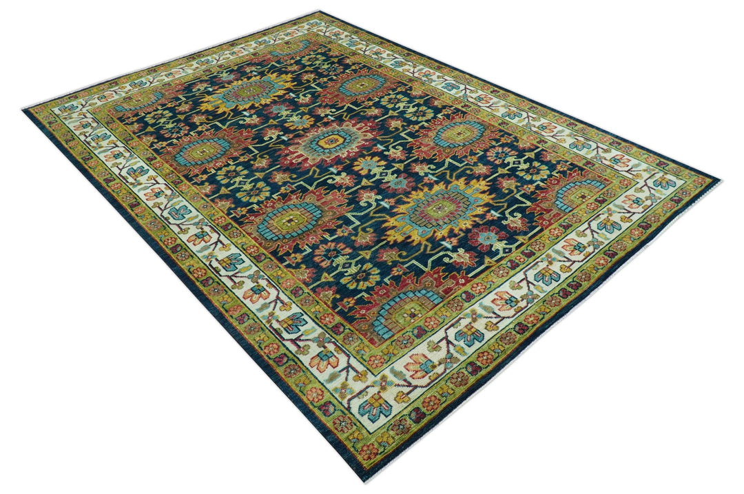 Custom Made Blue And Olive Traditional Medallion Hand Knotted Wool Rug - The Rug Decor