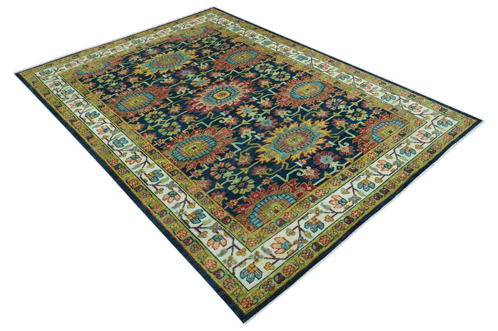 Custom Made Blue And Olive Traditional Medallion Hand Knotted Wool Rug - The Rug Decor