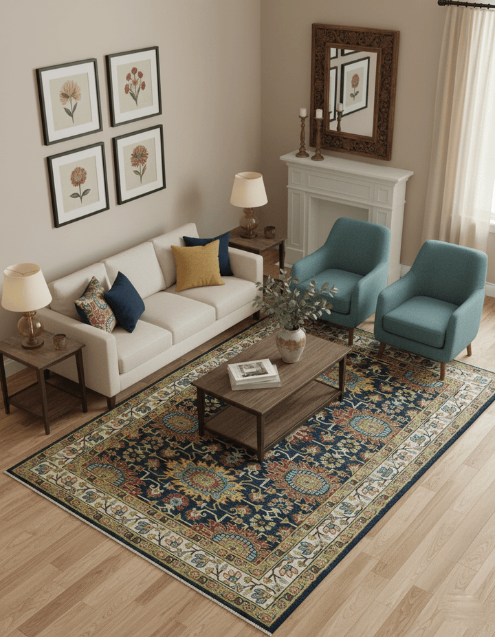 Custom Made Blue And Olive Traditional Medallion Hand Knotted Wool Rug - The Rug Decor