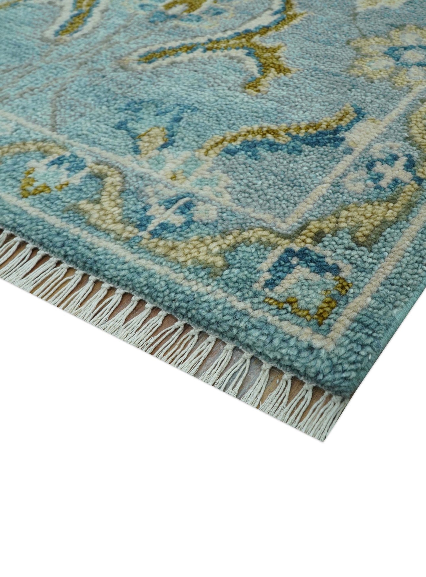 Custom Made Blue And Olive Traditional Oriental Design Hand knotted Wool Area Rug - The Rug Decor
