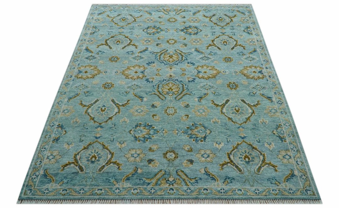 Custom Made Blue And Olive Traditional Oriental Design Hand knotted Wool Area Rug - The Rug Decor