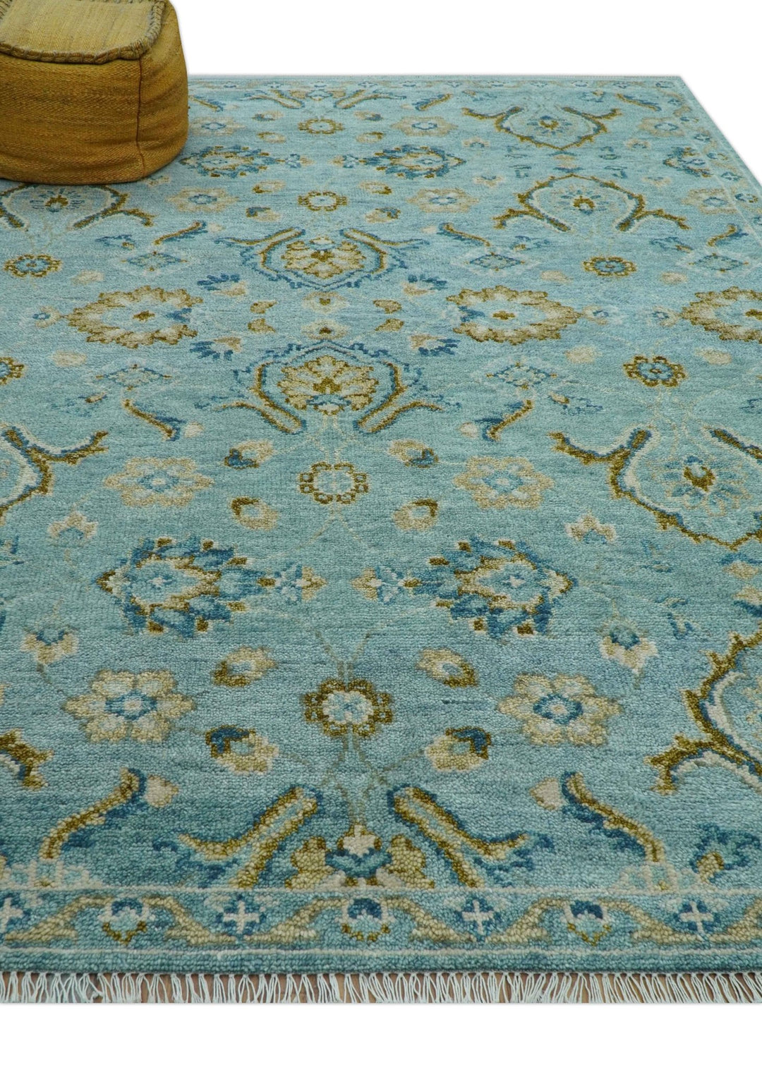 Custom Made Blue And Olive Traditional Oriental Design Hand knotted Wool Area Rug - The Rug Decor