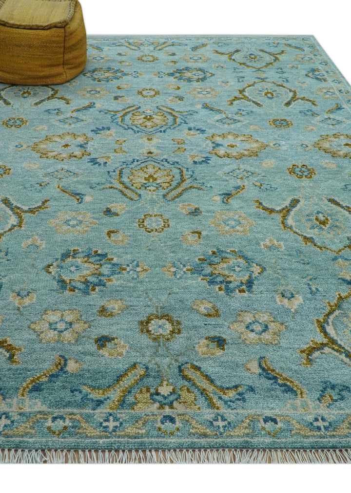Custom Made Blue And Olive Traditional Oriental Design Hand knotted Wool Area Rug - The Rug Decor