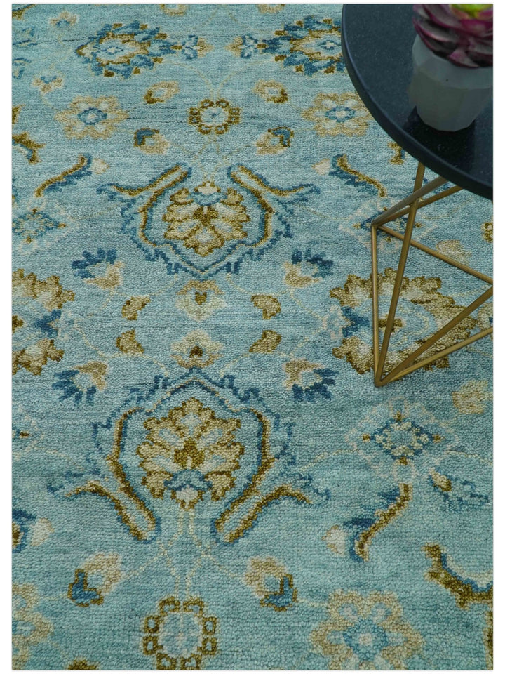 Custom Made Blue And Olive Traditional Oriental Design Hand knotted Wool Area Rug - The Rug Decor