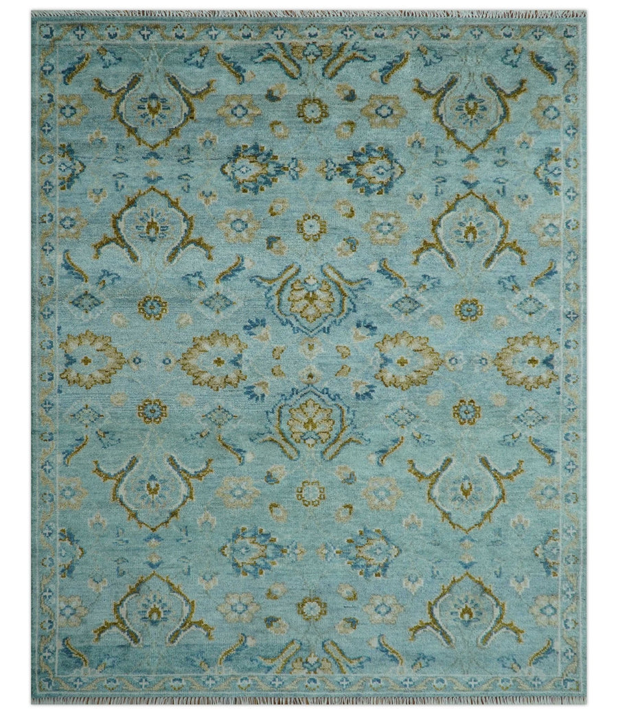 Custom Made Blue And Olive Traditional Oriental Design Hand knotted Wool Area Rug - The Rug Decor