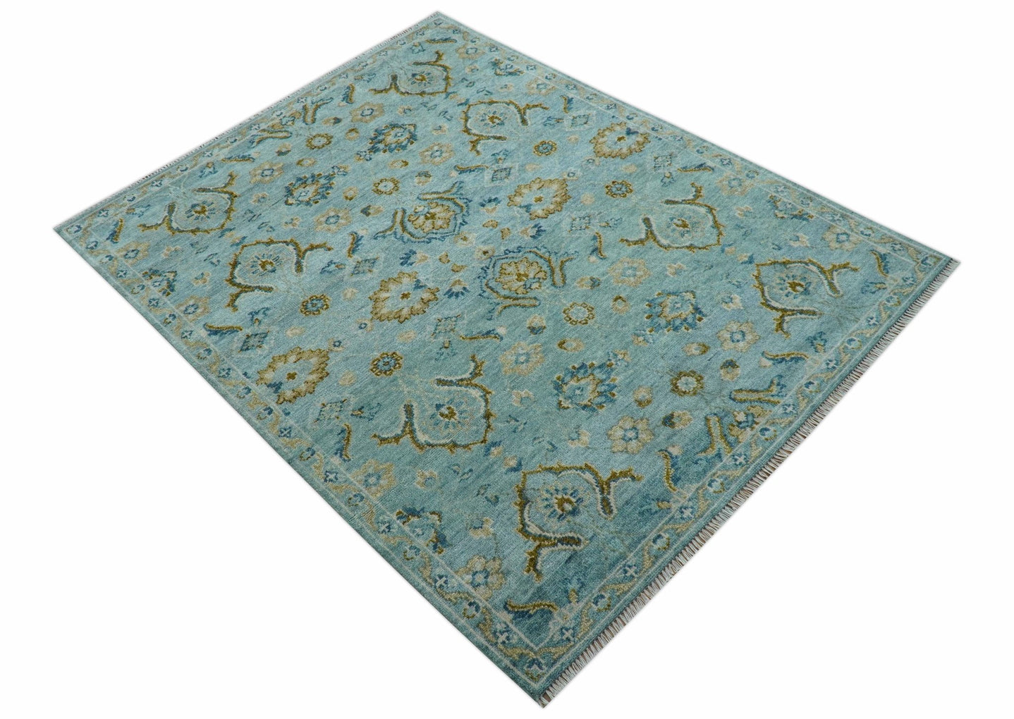 Custom Made Blue And Olive Traditional Oriental Design Hand knotted Wool Area Rug - The Rug Decor