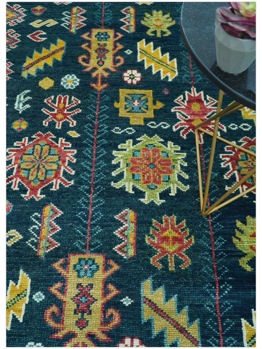 Custom Made Blue And Red Traditional Tribal Design Hand Knotted Wool Rug - The Rug Decor