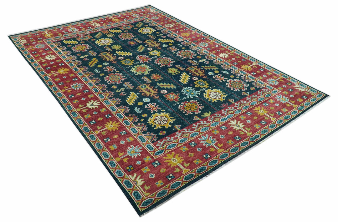 Custom Made Blue And Red Traditional Tribal Design Hand Knotted Wool Rug - The Rug Decor