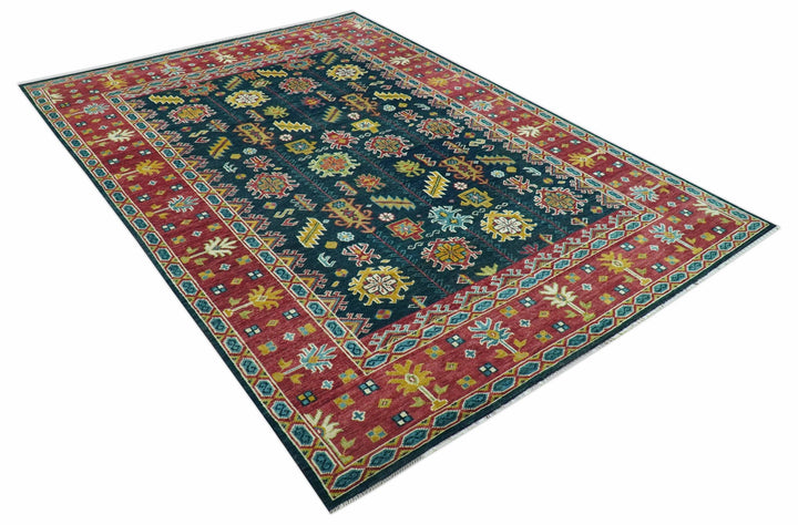 Custom Made Blue And Red Traditional Tribal Design Hand Knotted Wool Rug - The Rug Decor