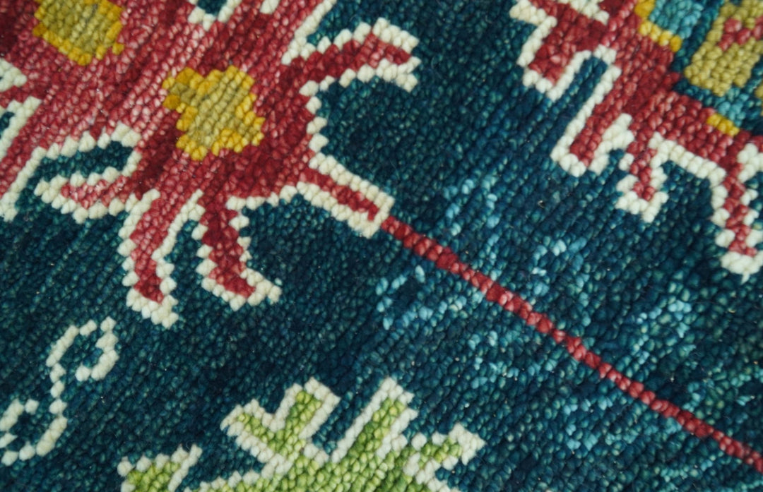 Custom Made Blue And Red Traditional Tribal Design Hand Knotted Wool Rug - The Rug Decor