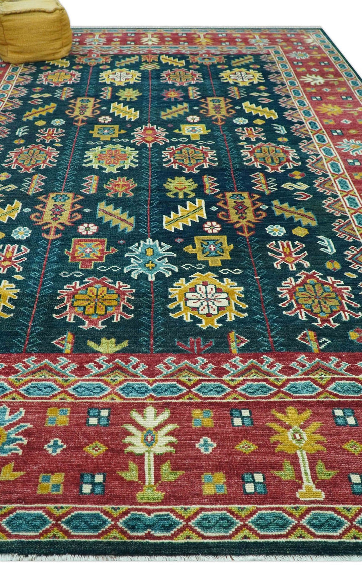 Custom Made Blue And Red Traditional Tribal Design Hand Knotted Wool Rug - The Rug Decor
