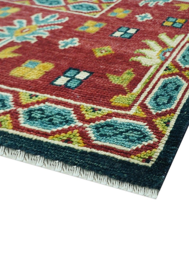 Custom Made Blue And Red Traditional Tribal Design Hand Knotted Wool Rug - The Rug Decor