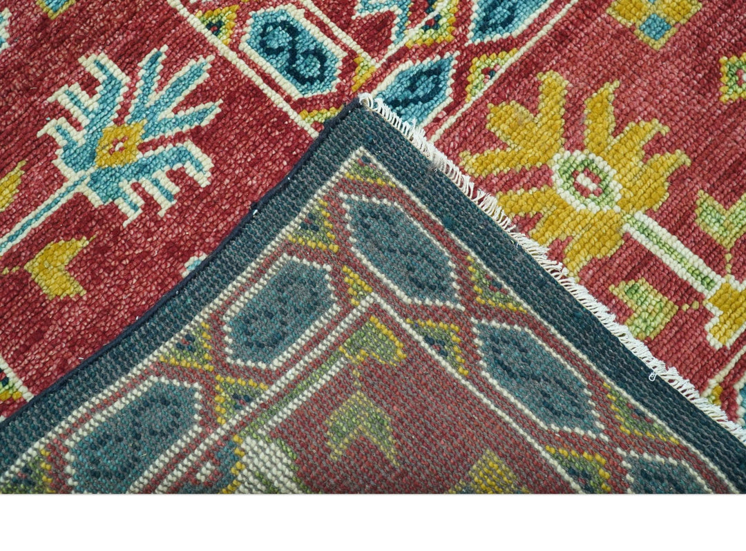Custom Made Blue And Red Traditional Tribal Design Hand Knotted Wool Rug - The Rug Decor