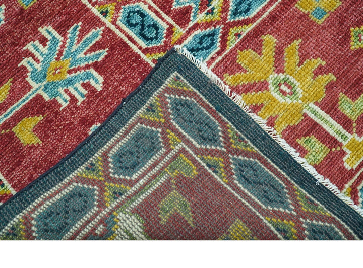 Custom Made Blue And Red Traditional Tribal Design Hand Knotted Wool Rug - The Rug Decor