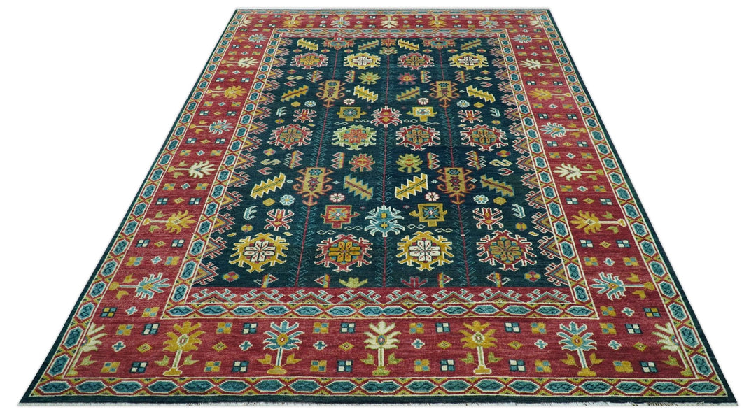 Custom Made Blue And Red Traditional Tribal Design Hand Knotted Wool Rug - The Rug Decor