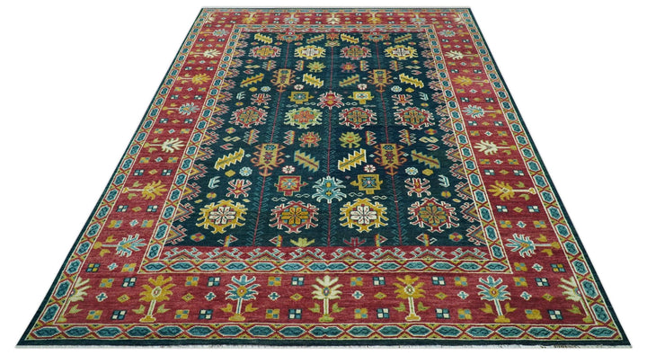 Custom Made Blue And Red Traditional Tribal Design Hand Knotted Wool Rug - The Rug Decor