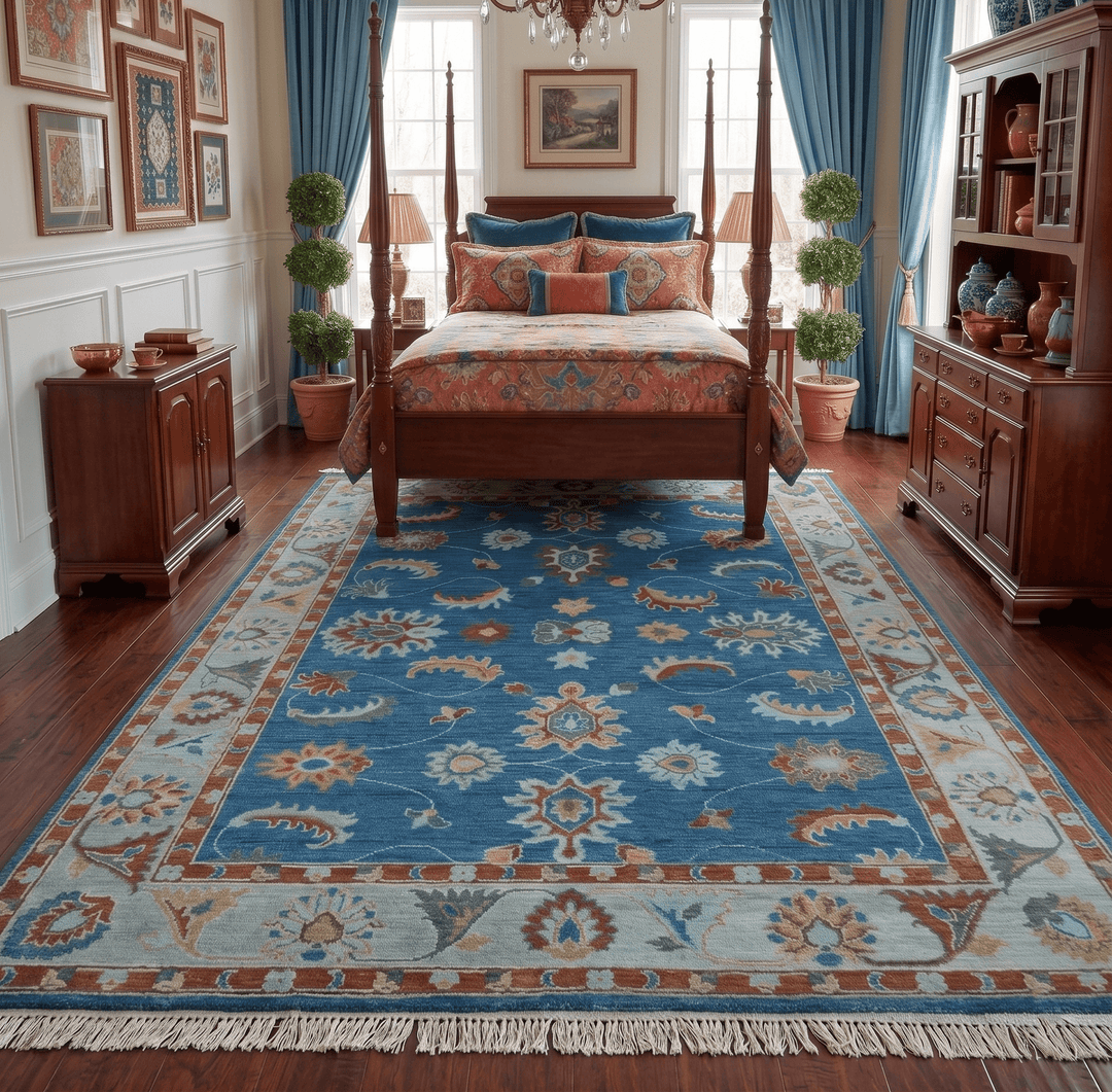 Custom Made Blue and Silver Hand knotted colorful Traditional Oushak wool Area Rug - The Rug Decor