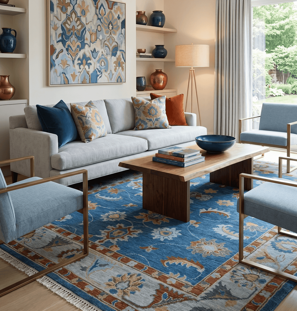 Custom Made Blue and Silver Hand knotted colorful Traditional Oushak wool Area Rug - The Rug Decor