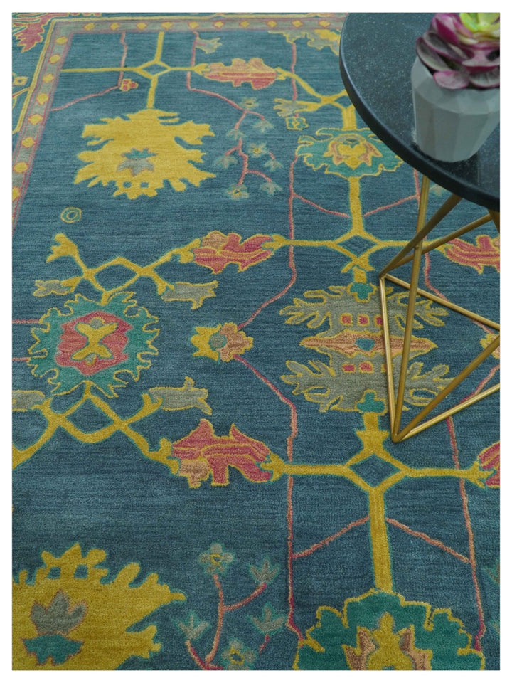 Custom Made Blue And Yellow Traditional Oushak Design Hand Tufted Wool Rug - The Rug Decor